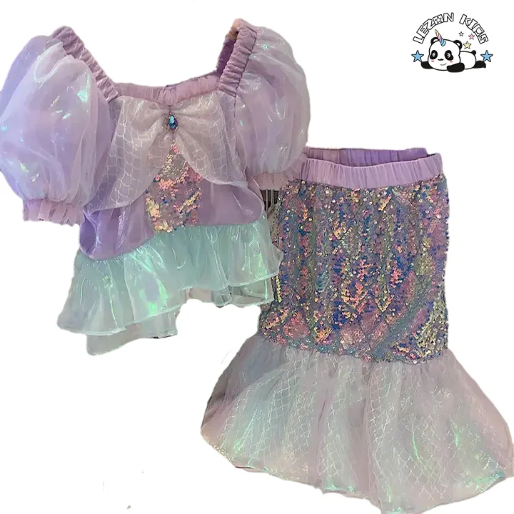LEZONKIDS - Conjuntos de Roupas de Criança Satinados de Duas Peças com Mangas Curtas e Remendos de Lantejoulas